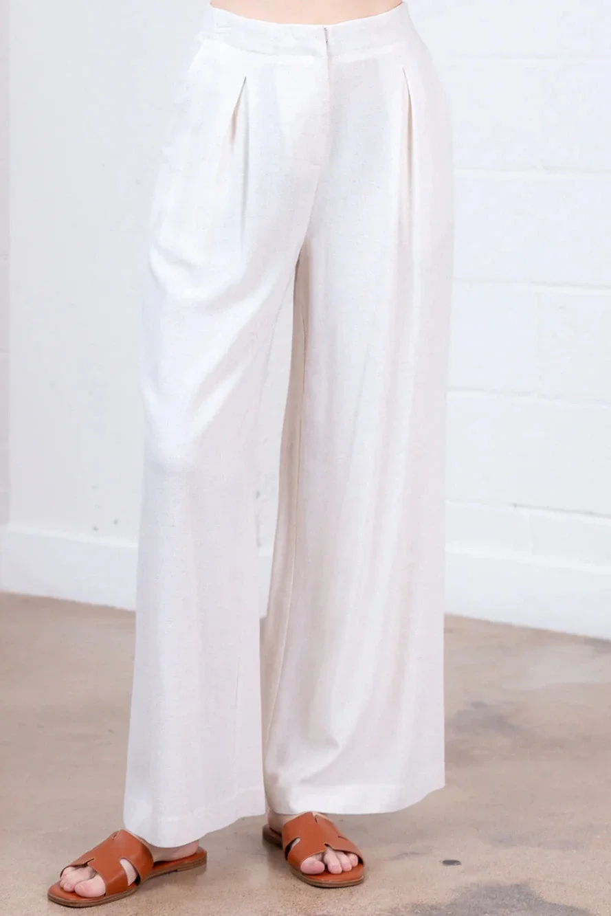 Taupe Linen Pintuck Wide-Leg Pants